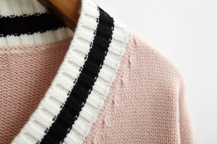 Корейский стиль Женский v-образный вырез полосатый край вязаный пуловер