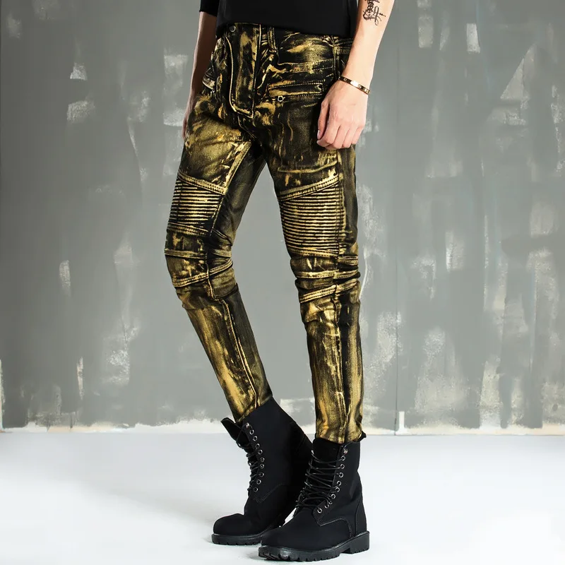 

hot autumn and winter paint gold coating motorcycle locomotive Biker jeans men Slim stretch Denim Jeans Skinny Jeans Men