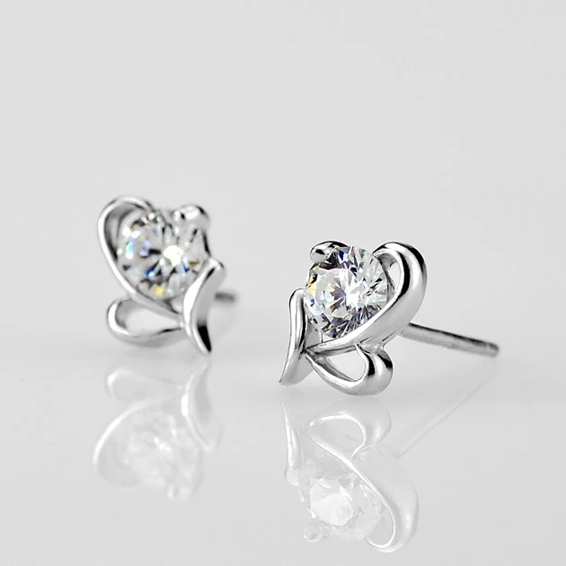 2021 Fashion Women Stud Earring Europe Style Bow Ladies Luxury Crystal 925 Silver Ear Jewelry Heart Shaped Wholesale CY043 | Украшения и