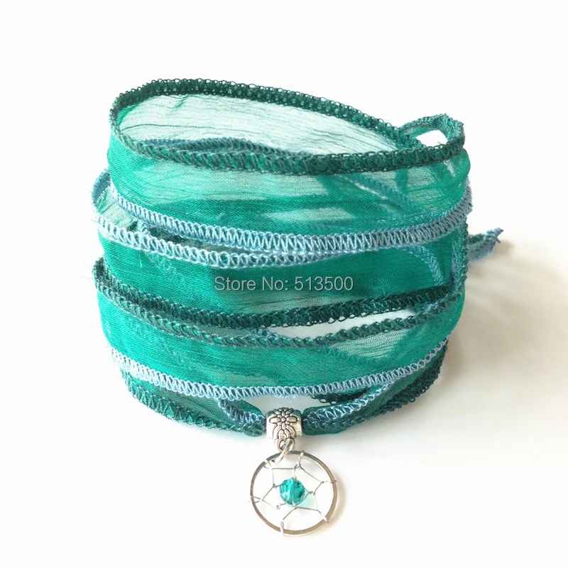 

Dream Catcher Bracelet - Yoga Jewelry - Silver & Silk Wrap Bracelet - Artisan Crafted Recycled Fine Silver Free Shipping