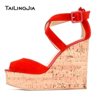 women red faux suede cork wedge sandals peep toe supper high platforms dress heels ladies summer high heel shoes plus size 2018