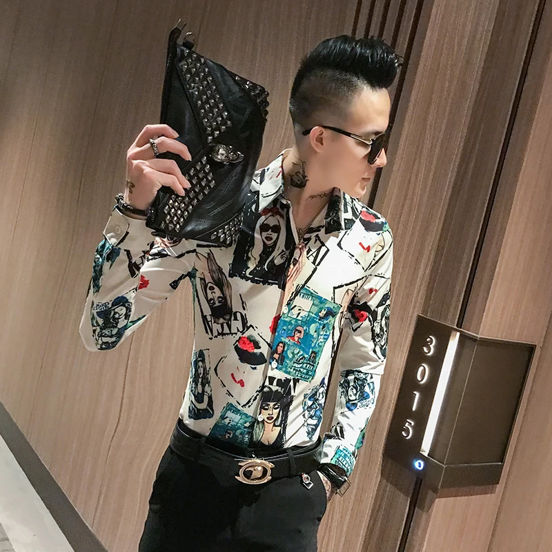 Men Shirt High Quality Brand 2019 Long Sleeve Streetwear Casual Slim Fit Pretty Girl Print Mens Shirts Party Tuxedo | Мужская одежда