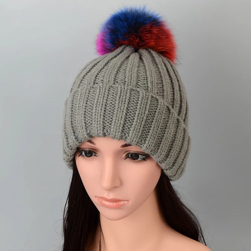 

12 color hat women cap knitting wool hat Knitted beanies with Fox Fur pom pom Female Hats Beanies cap Natural Fur caps winter