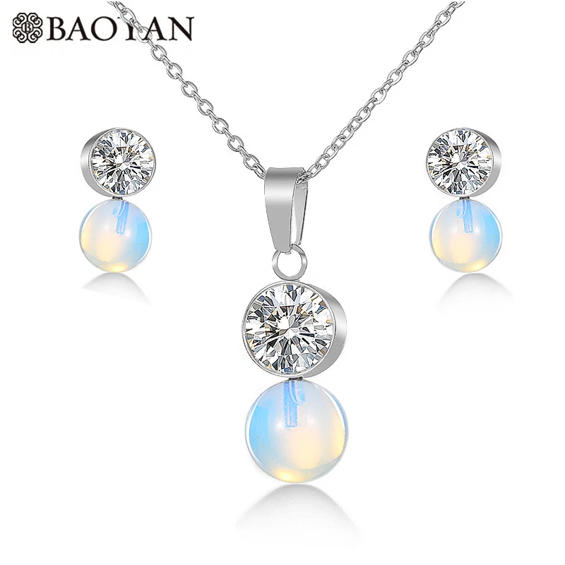 BAOYAN Элегантный Золотой Серебряный Chian 8 цветов круглая Хрустальная жемчужная подвеска женское ожерелье из нержавеющей стали ювелирный набор для женщин