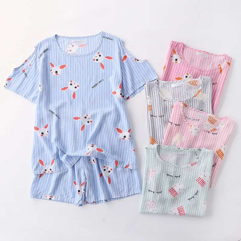 Пижама женская из хлопка и вискозы с коротким рукавом круглым вырезом | Женская