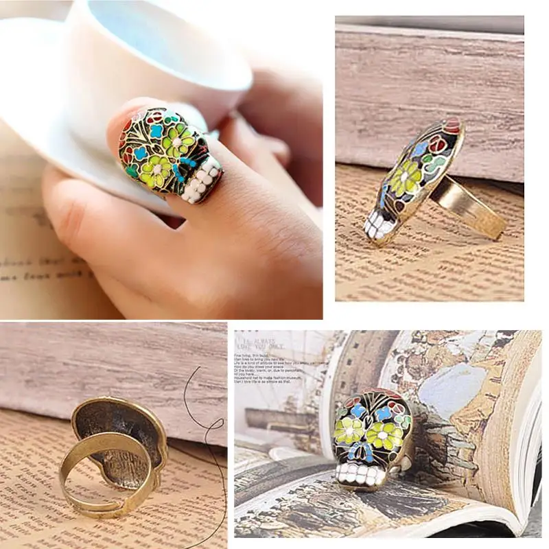 Модное винтажное кольцо в форме капельного масла с цветком и черепом