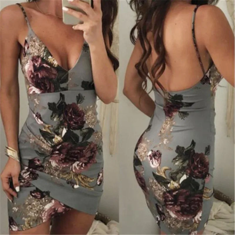 Сексуальное женское платье без рукавов с цветочным принтом и V-образным вырезом
