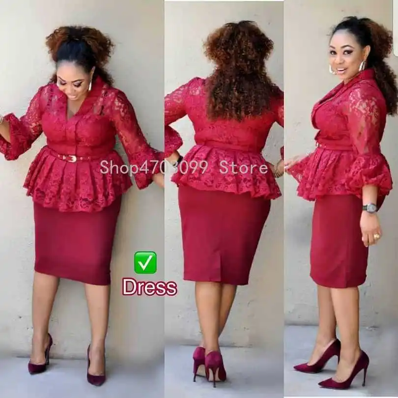 Африканское платье для женщин дамское элегантное кружевное миди бордовое