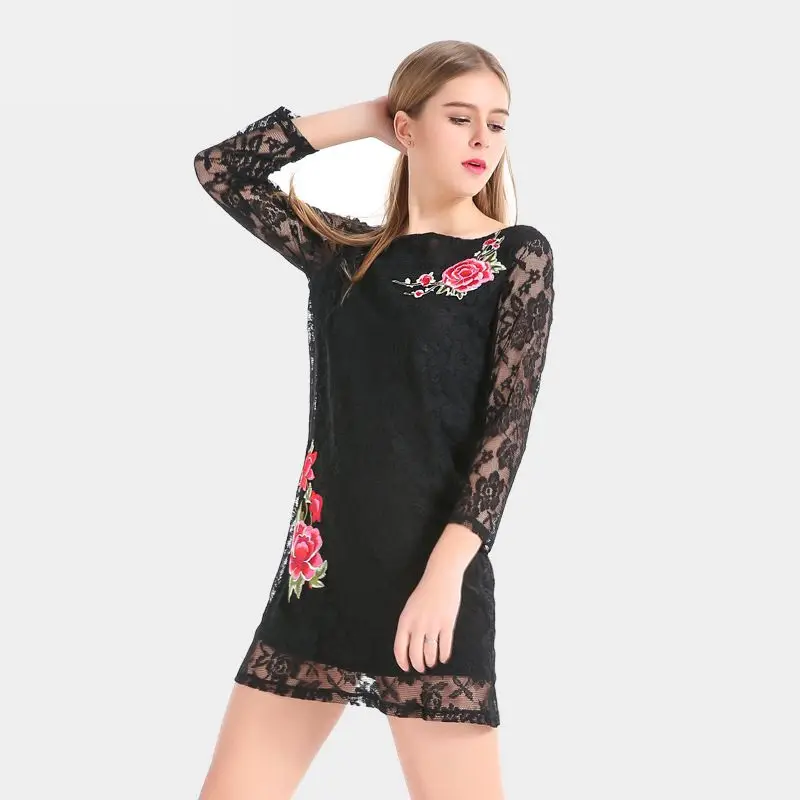 Ruby вики summer dress 2017 sexy women casual three четверти рукав короткий кружева твердые черный
