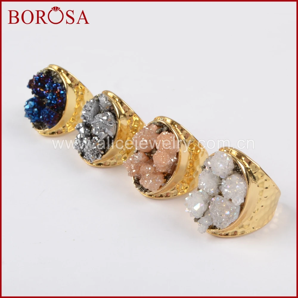 BOROSA Кольца нового стиля! Золотой Цвет Грубый Титан друзы Кристалл чипы кольца для