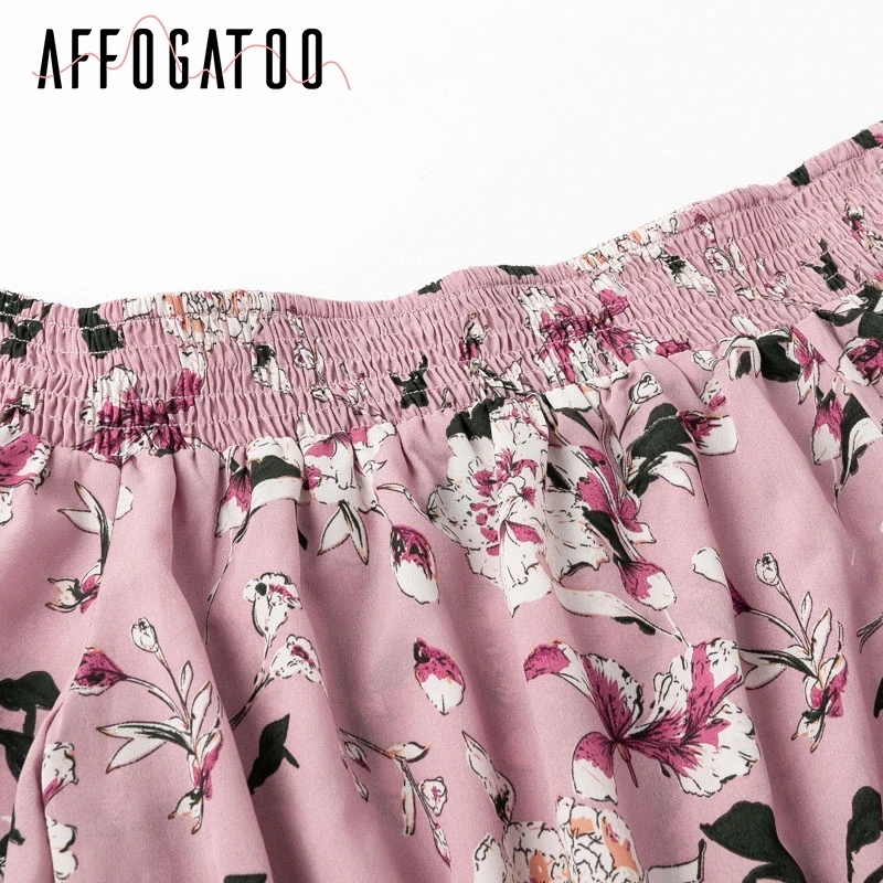 Afogatoo, элегантное, с оборками, с открытыми плечами, летнее, бохо платье, для женщин, высокая талия, smocking, цветочный принт, короткое платье, Пляжное, плиссированное, платья