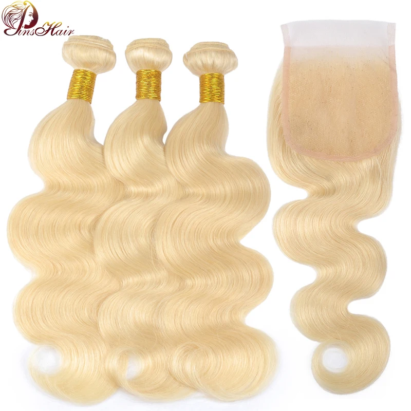 Pinshair мёд светлые бразильские волосы Weave Связки 613 тела волна с закрытием