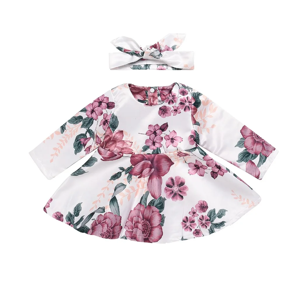 2018 new casual fashion brand baby children's dress birthday party long-sleeved rose print girl |