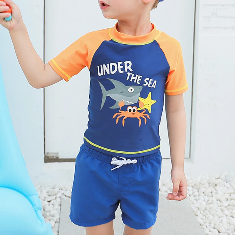 

Boys Two Pieces Swimsuits Sun-proof Cartoon Shark Fish Kids Beach Bodysuit Short Top Baby Boy Swimwear Children Surfing Swimsuit