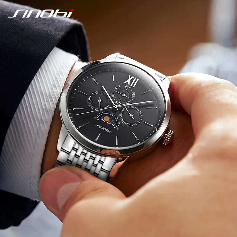 Sinobi Роскошные мужские часы 2020 полностью стальные с кожаным ремешком наручные