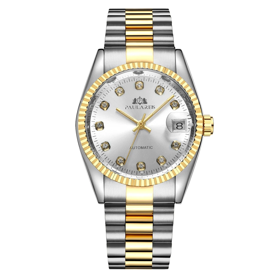 Goldsilver White Мужские автоматические механические часы из нержавеющей стали Datejust роскошный простой: золото, серебро 2 тона всего 36 мм часы с датой - Цвет: Goldsilver White