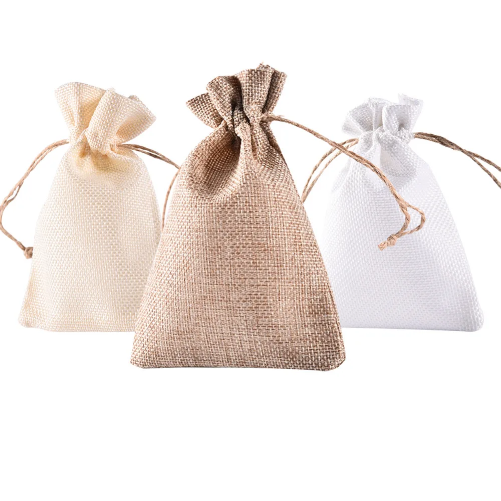12 шт./лот модные белые свадебные сумочки из натурального льна на шнурке сумочка в