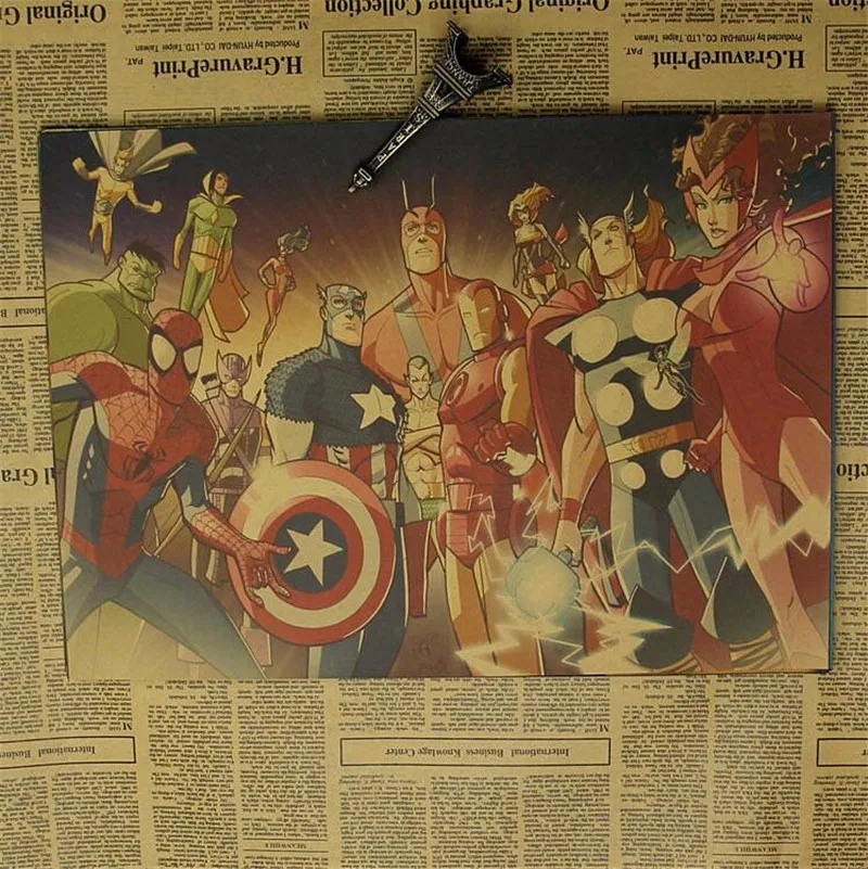 Винтажная Классическая серия супергероев Marvel Ретро плакат, крафт-бумага, бумага для бара, кафе, домашний декор, Настенная роспись, наклейка 42x30 см