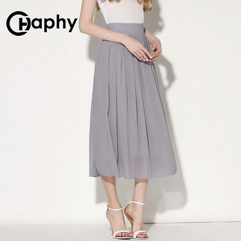 Винтаж Твердый Шифон юбки 2017 юбка лето шифон макси плиссе Мода Серый женская Юбка