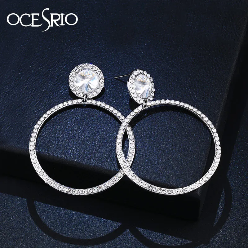 Серьги кольца OCESRIO серебристые с кристаллами модные большие женские эффектные