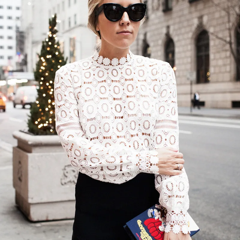 Элегантная кружевная блузка с цветочным рисунком рубашка Женская белая