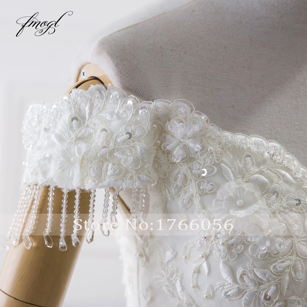 

Fmogl Luxury Boat Neck Princess Wedding Dress 2019 Short Sleeve Appliques Beaded Flowers Bride dresses Vestido De Noiva