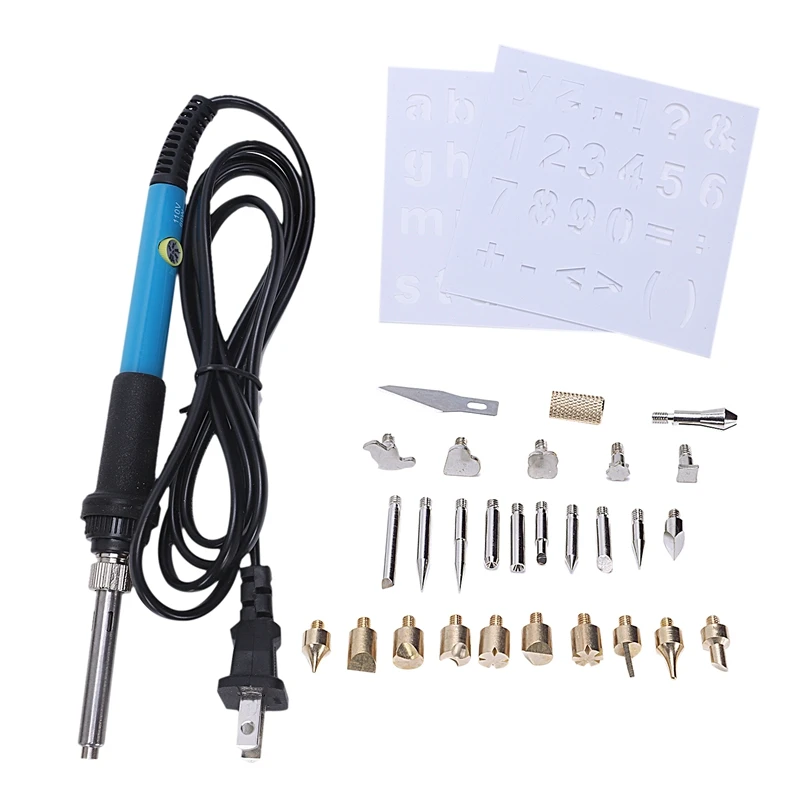 Us Plug 60W 220V 28Pcs Electric Soldering Iron Temp Adjust Wood Embossing Burning Carving Pyrography Engrave Tool Kit +Solder |