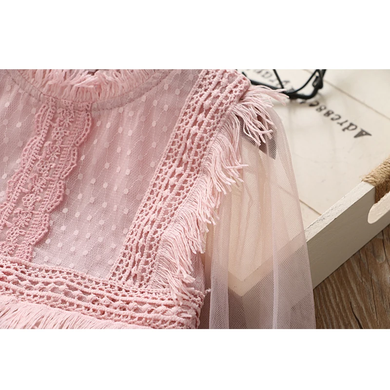 Girls Dresses 2019 Spring New Children's Wear Fresh Sweet Mesh Lace Tassel Long Sleeve Princess Fluffy Dress | Детская одежда и