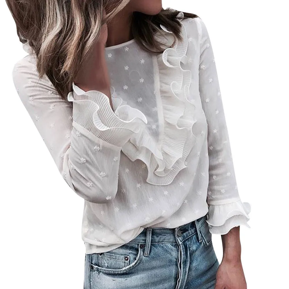 

Women Ladies Blouses And Tops Casual Ruffles Lace Polka Dot O Neck Shirt Long Sleeve Blouse Blusas Mujer De Moda 2021