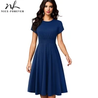 nice forever elegant vintage solid color round neck a line vestidos pinup business party women flare swing dress a157