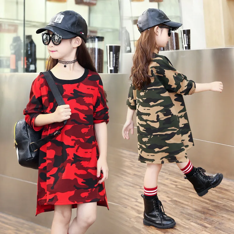 Vestidos платья для девочек футболки из хлопка с длинным рукавом камуфляжное платье