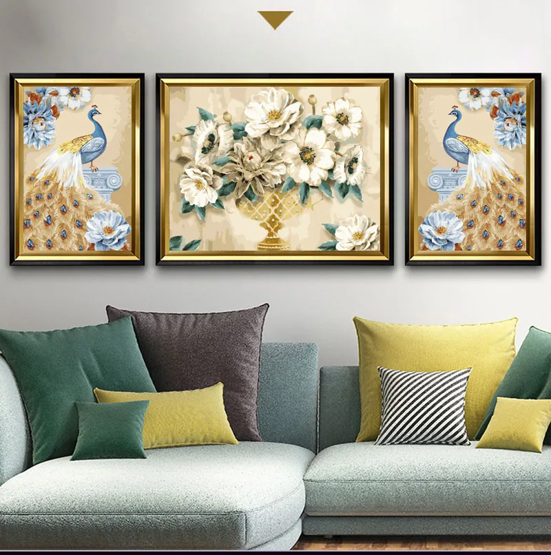 DIY Oil Painting by Numbers Flowers Triptych Modular Coloring Picture peacock Abstract Paint Home Decor Wall Sticker | Дом и сад