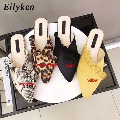 Eilyken; Новинка; модные туфли без задника из флока с острым носком и оборками; женские тапочки; сезон весна-лето; шлепанцы на плоской подошве - Цвет: Leopard Grain