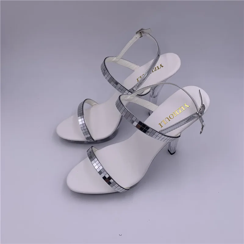 Модные сандалии на высоком каблуке 13 см с серебряными блестками 5 дюймовая