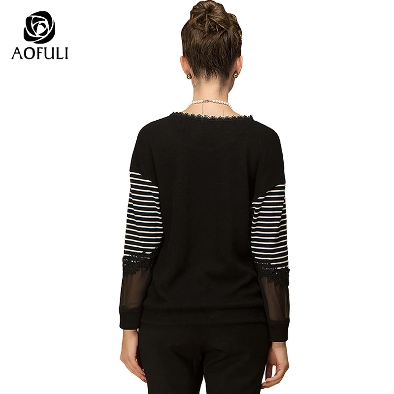 AOFULI L-Xxxl 4xl 5xl женский полосатый пуловер с длинными рукавами цветочный кружевной
