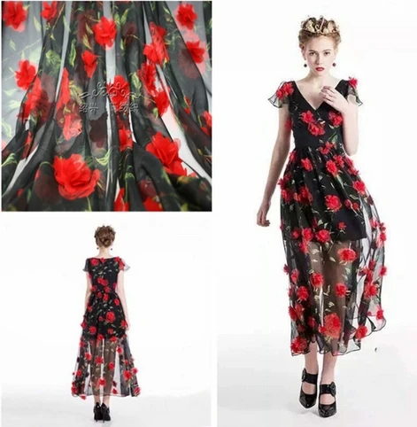 Шифоновая кружевная ткань с трехмерной цветочной вышивкой 130 см | Дом и сад