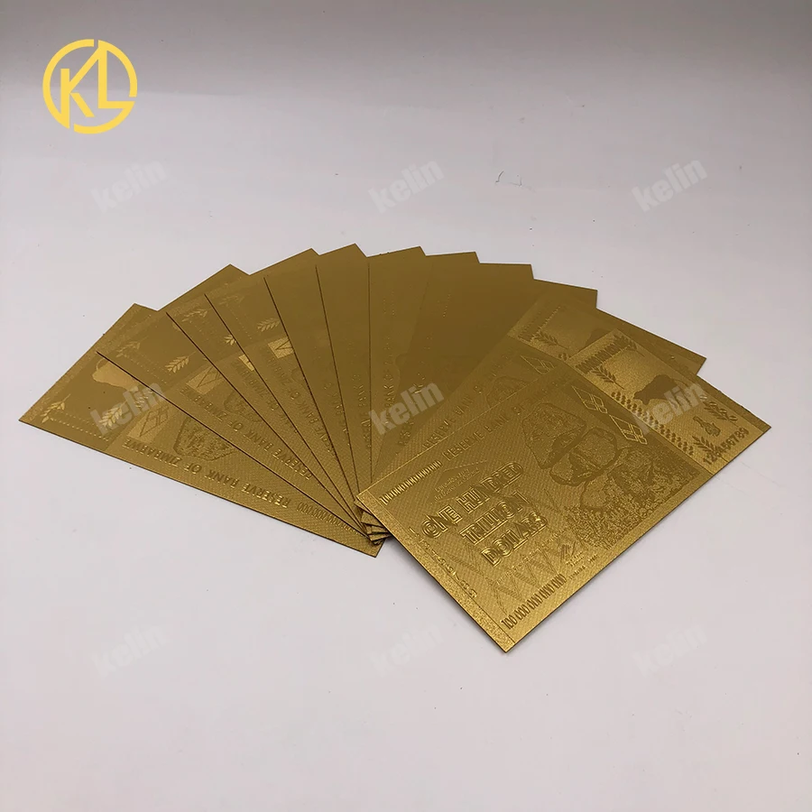 

10 pcs/lot Zimbabwe Token Money 100 Trillion Dollar Gold Plated Banknote Replica Token Money with Cerfiticate Card for Gift