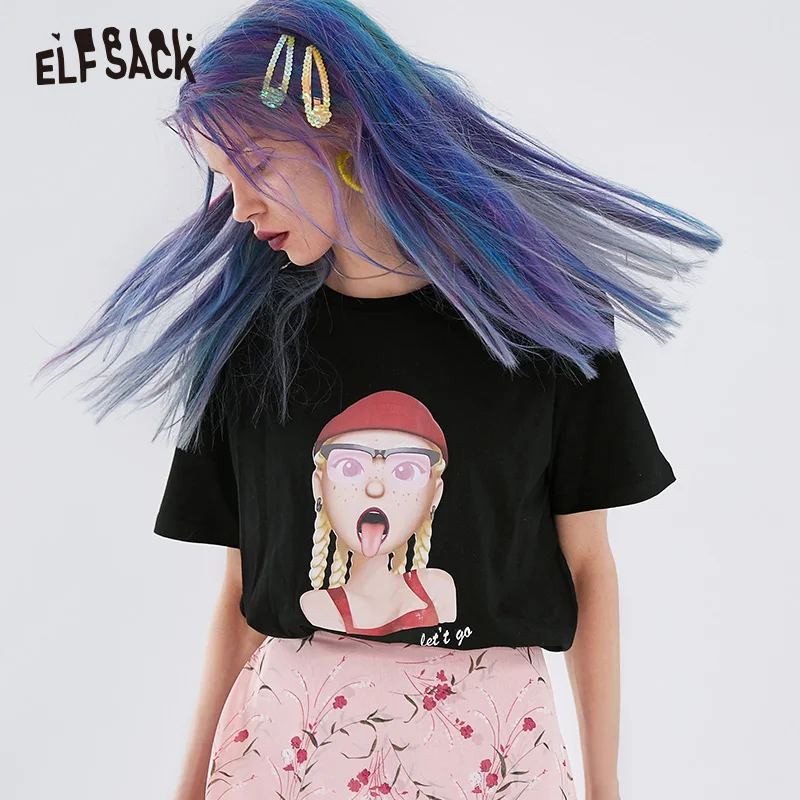 Женские основые повседневные футболки ELF SACK, черные женские топы с круглым вырезом и принтом, женская уличная футболка большого размера для лета