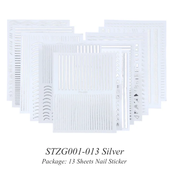 13pcs STZG001-013 S 3D серебристо-Золотая наклейка для дизайна ногтей, полоска с геометрическим рисунком, металлический конус, сделай сам, клеящиеся палочки для ногтей, маникюрные наконечники, STZG001-013 - Цвет: 13pcs STZG001-013 S