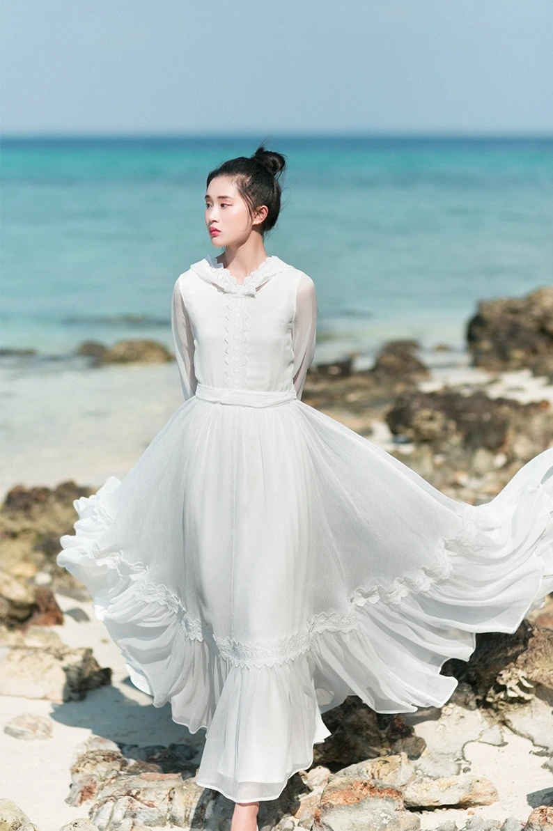 

IRINAW606 original design summer 2018 women vintage 10M large bottom lace appliqued long maxi hooded chiffon dress white