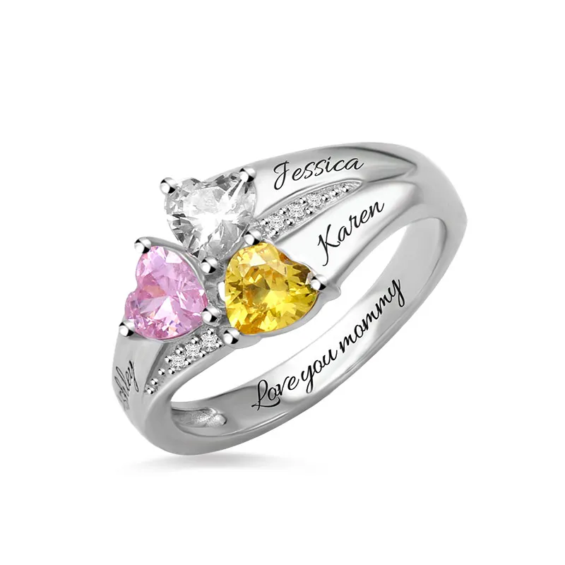 

AILIN Personalized Women Heart Birthstone Ring Engraving 3 Names Ring Love Anniversary Jewelry Gift