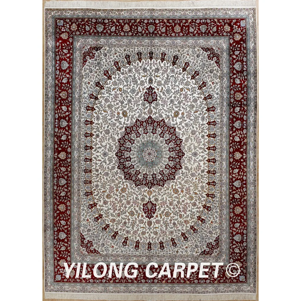 Beste Yilong 9'x12 'Vantage Perzische Zijden Kleed Grote Beige Medaillon Antiek Iran Zijden Tapijt (0909)