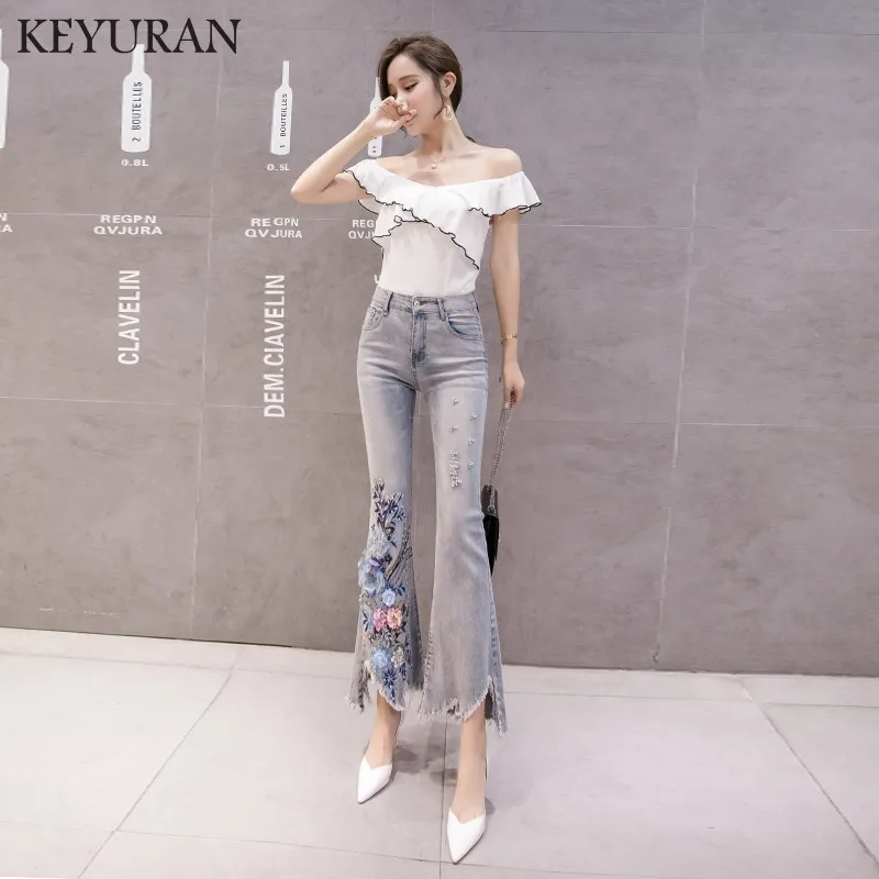 Винтажная бусина отверстие вышивка заусенцев расклешенные джинсы 2019 новые