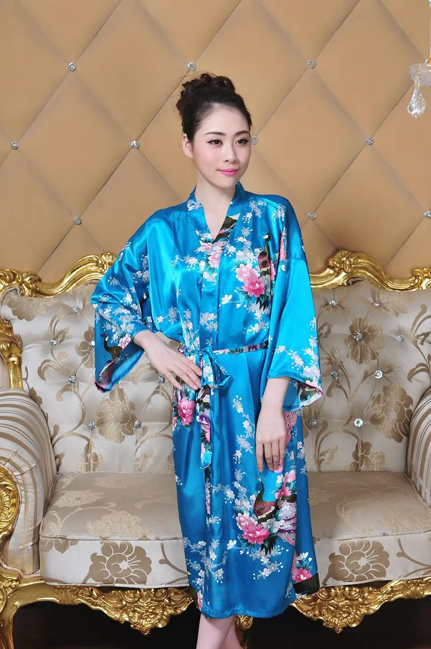 Халат женский Шелковый атласный длинный халат кимоно с цветами для невесты