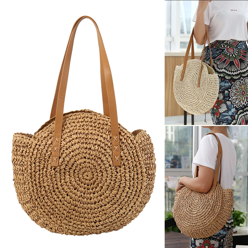 

New Rattan bags Round Straw Beach Bag Vintage Handmade Woven Shoulder Bag Raffia circle Bohemian Summer Vacation Casual Bags