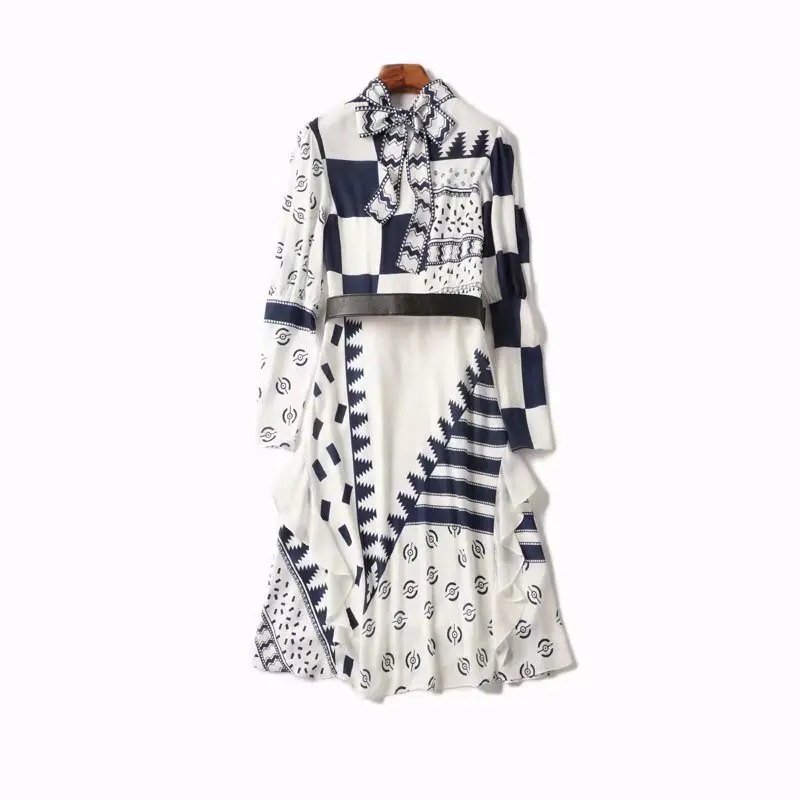 Brand Designer Fashion Runway Spring Summer Dress Women Long Sleeve Bow Tie Geometric Print Casual Dress robe femme Vestido