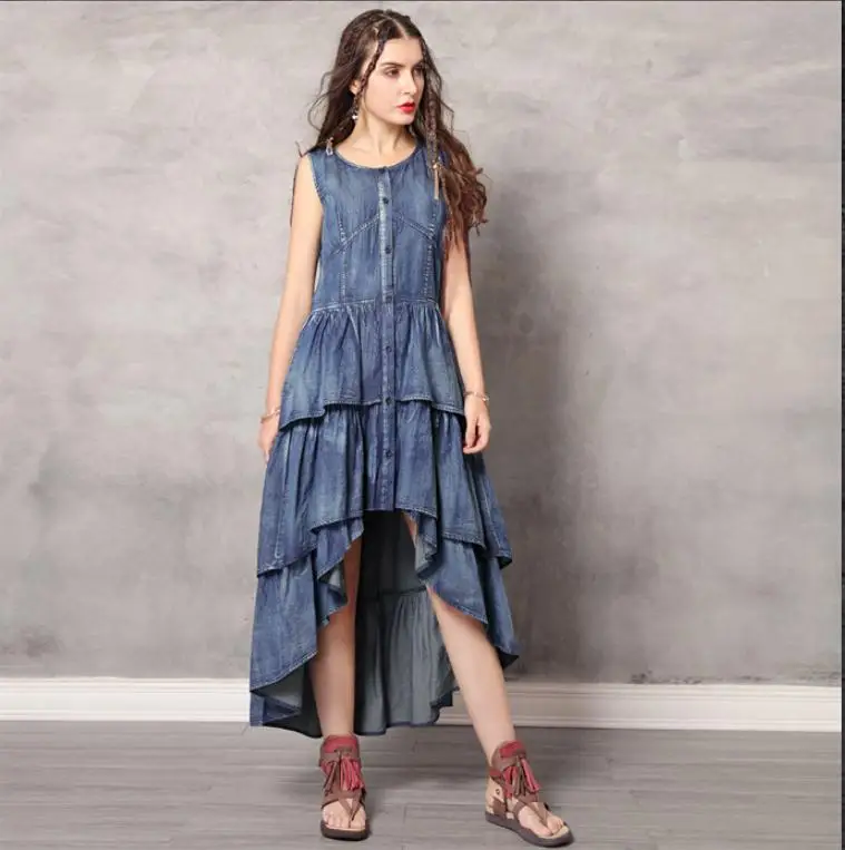 2019 женское винтажное джинсовое платье с рюшами Несимметричное длинное для