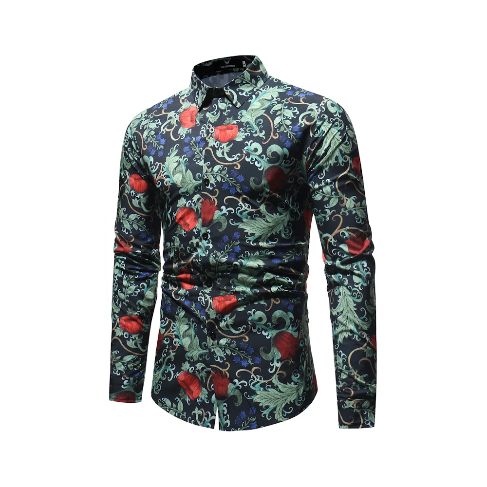 Mens Shirt Male Casual Slim Retro Floral Printed Shirts Long Sleeve Korean Cardigan Business Fashion Classic Men Dress 2018 | Мужская