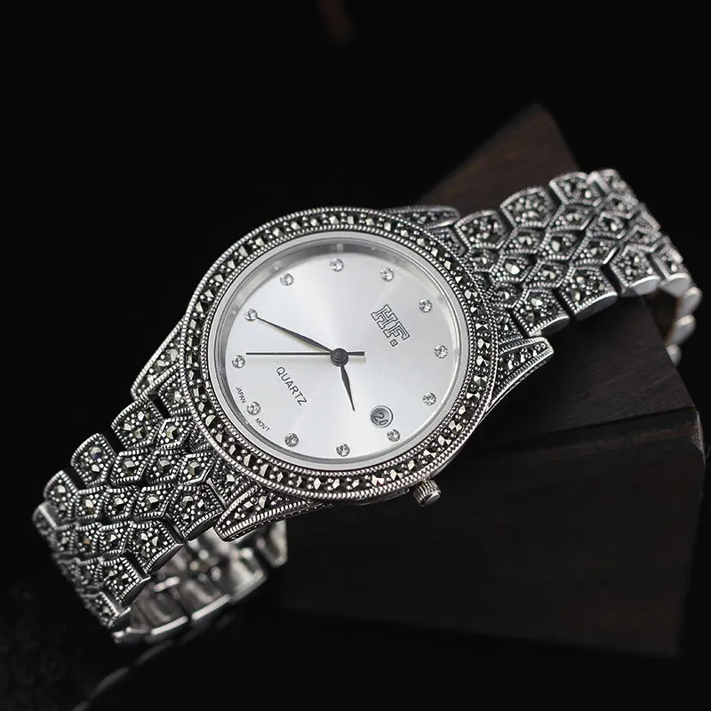 

Limited Edition S925 Pure Silver Big Watch Classical Thai Silver Men Watch Women Big Silver Thailand Process Rhinestone Bangle