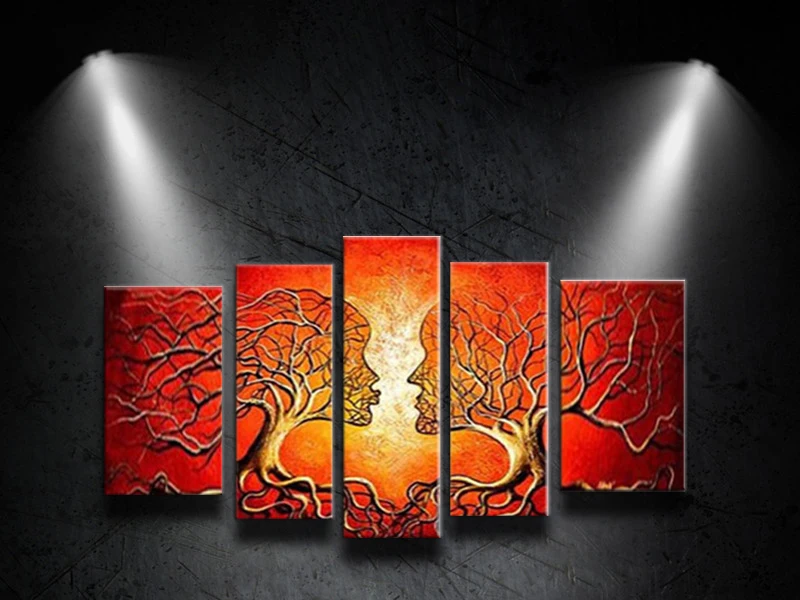 

Hot Hand-painted Oil Painting 5pcs/set On red Canvas Love Tree Modern Art Wall Picture For Living Room Abstract Home Decor